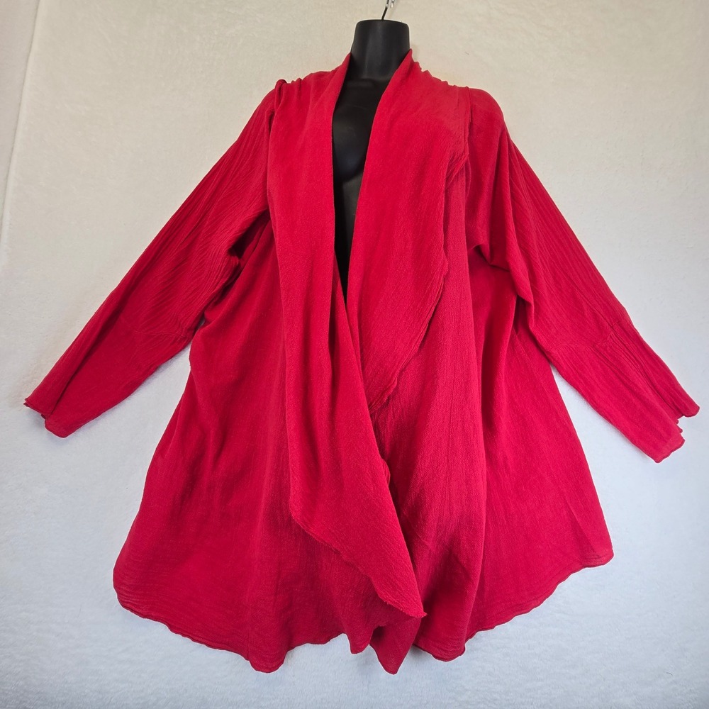Oh My Gauze Red Cotton Open Front Cardigan Jacket Womens 2 Lagenlook Boho Drape